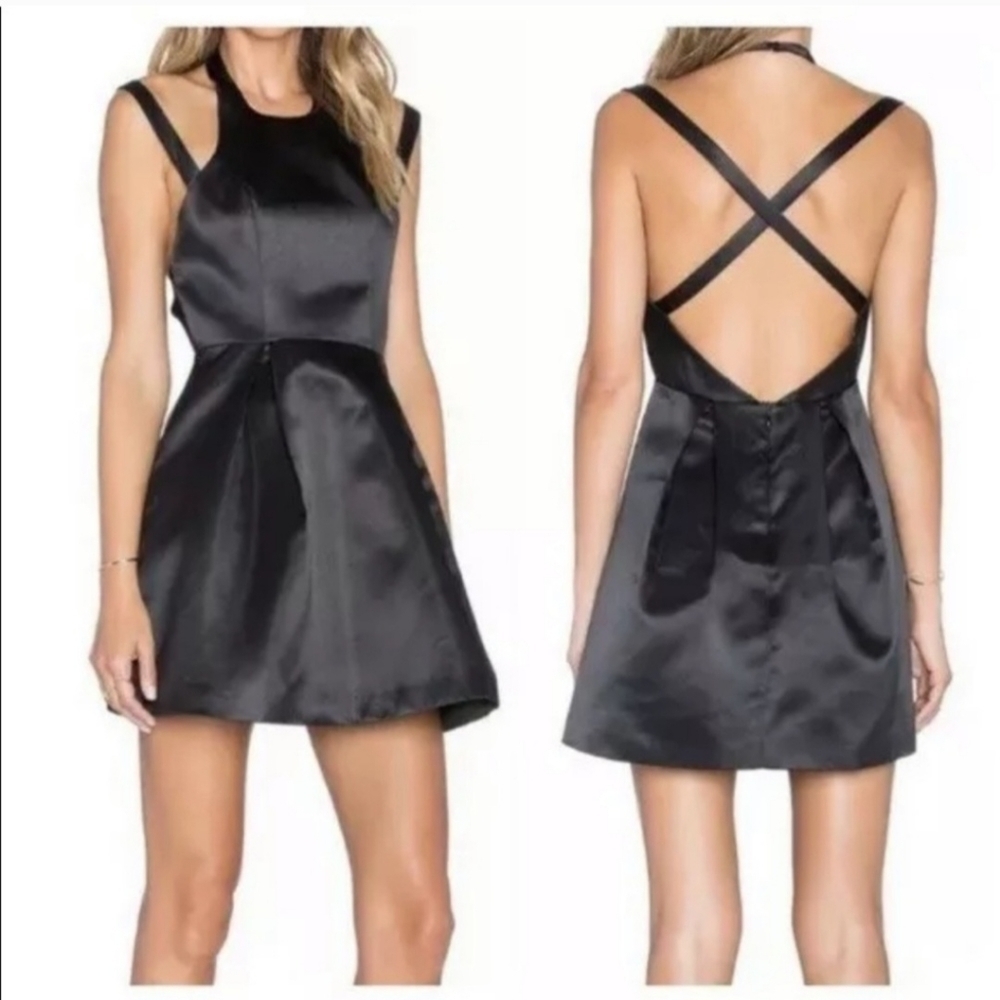 Lovers & Friends‎ Mini Dress Small Black Halter Criss Cross Flared Satin NWT